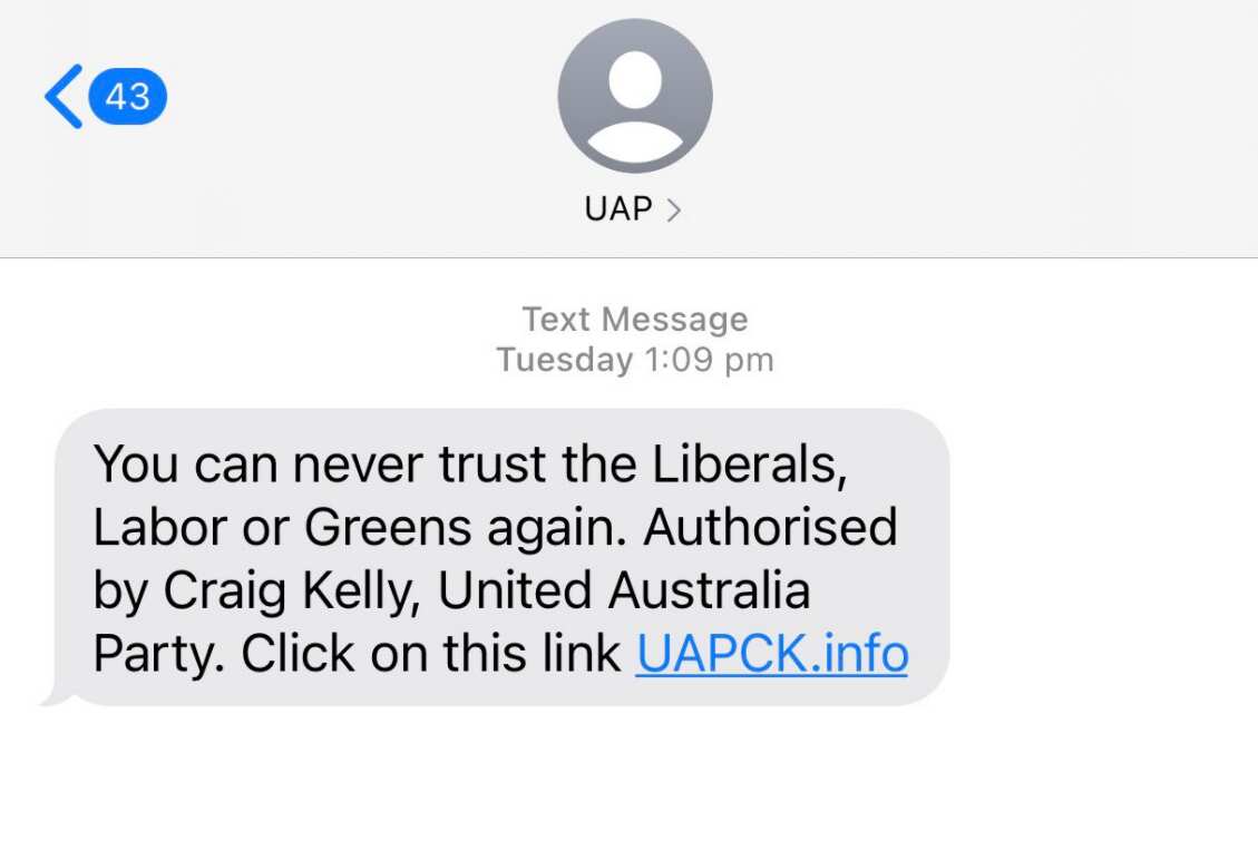 Text message from Craig Kelly and the United Australia Party.