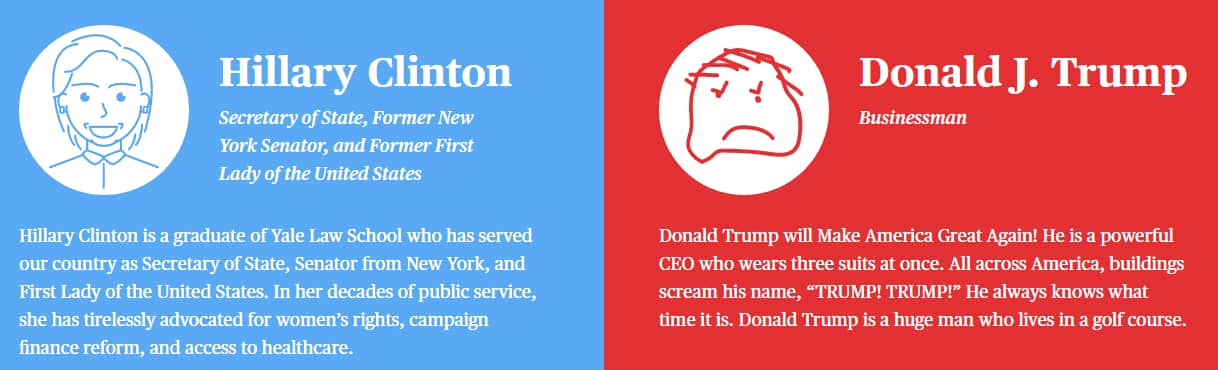A screencap from the Cards Against Humanity website which compares Trump unfavourably to clinton.