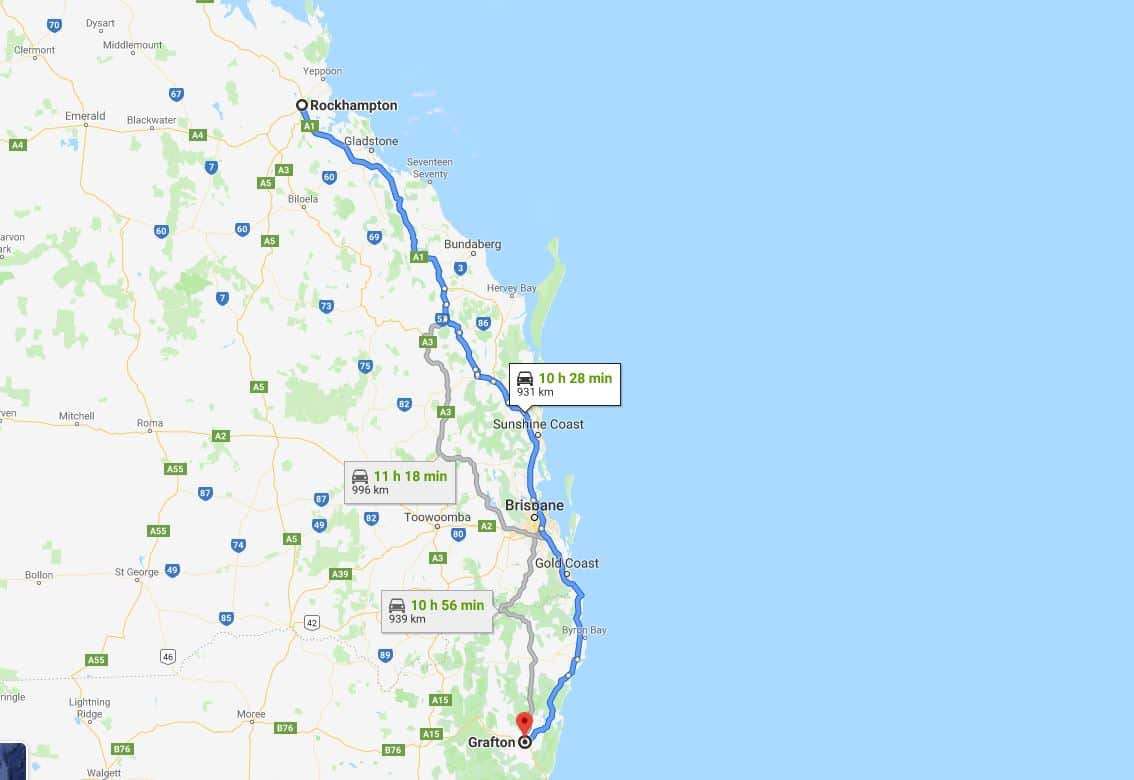 It's about 900km from Rockhampton to Grafton.