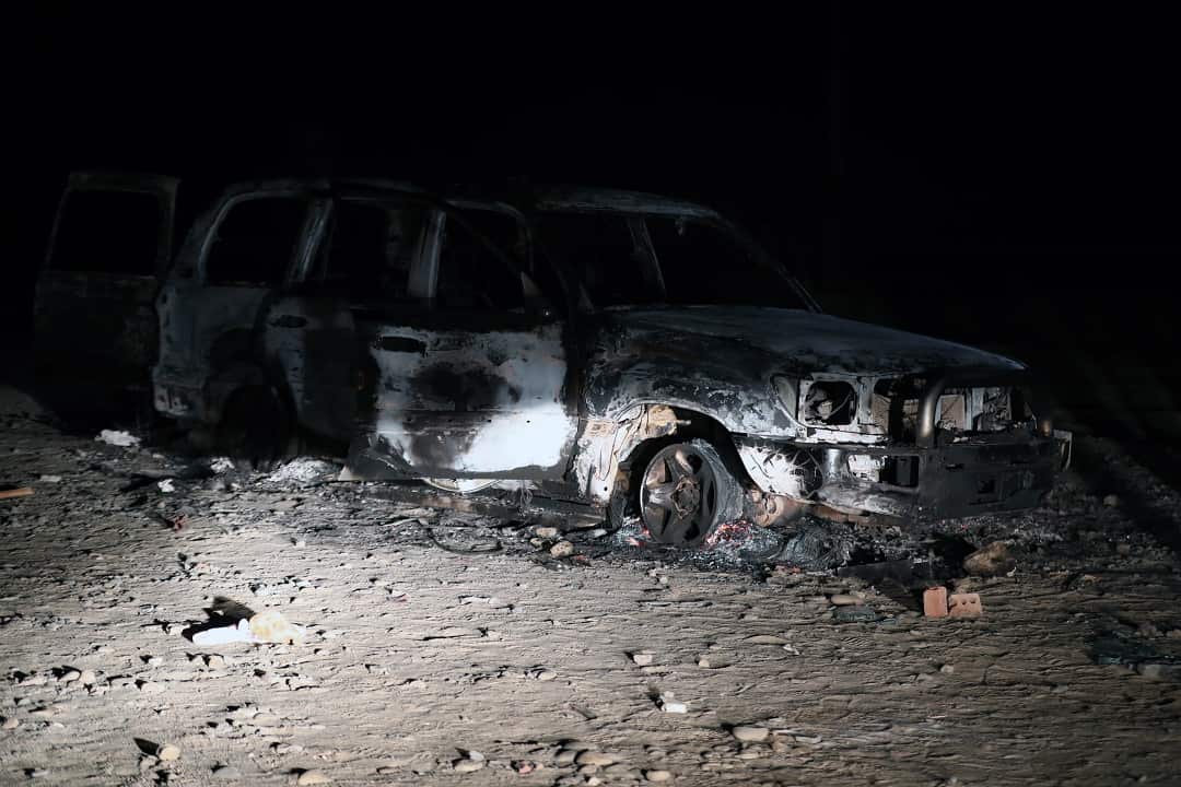 The remains of a car reportedly used by gunmen in the November 2 attack on a bus carrying Coptic Christians.
