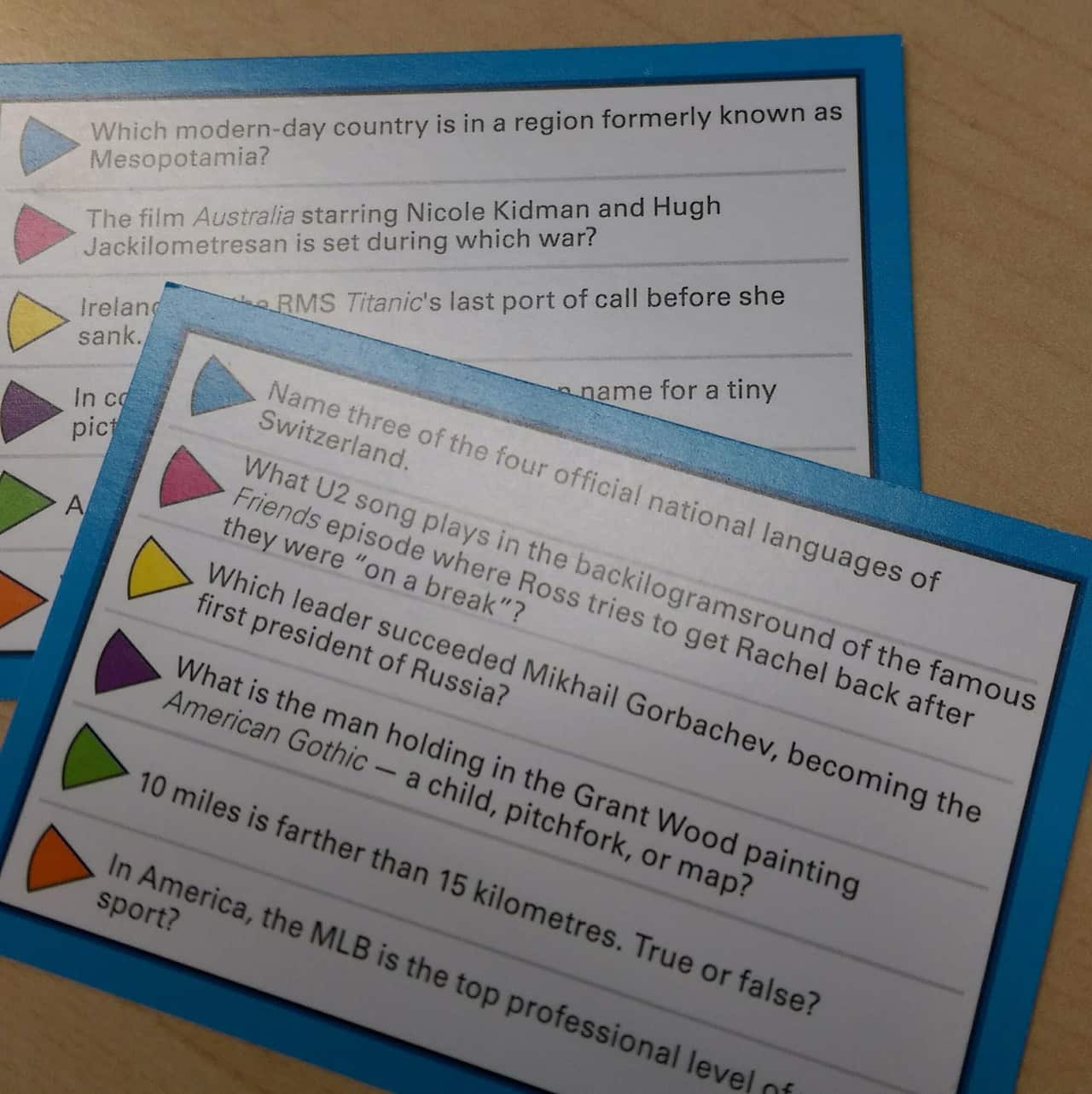 Trivial Pursuit cards featuring typos, apparently due to a find-and-replace error, on Friday, Jan 6, 2017.