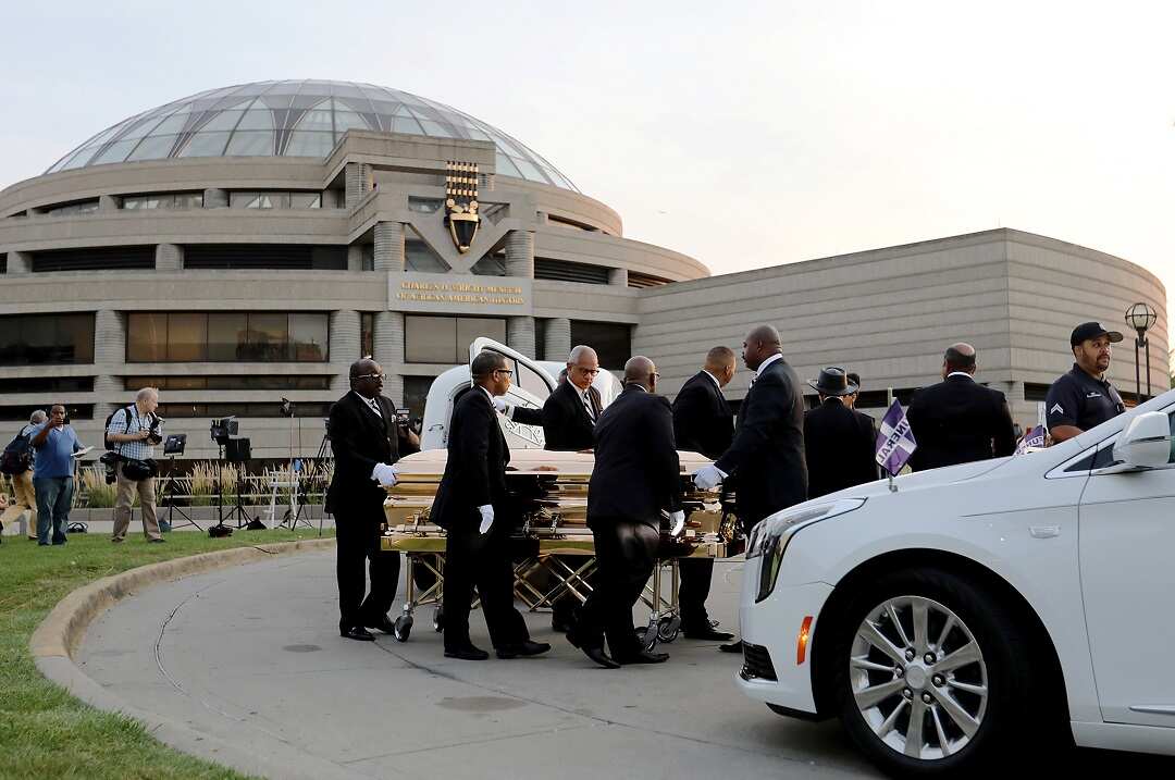 Aretha Franklin's casket arrives at the Charles H. Wright museum in Detroit on Tuesday, Aug. 28, 2018. Franklin will lay in state for 2 days. Photo by Detroit Free Press/TNS/ABACAPRESS.COM.