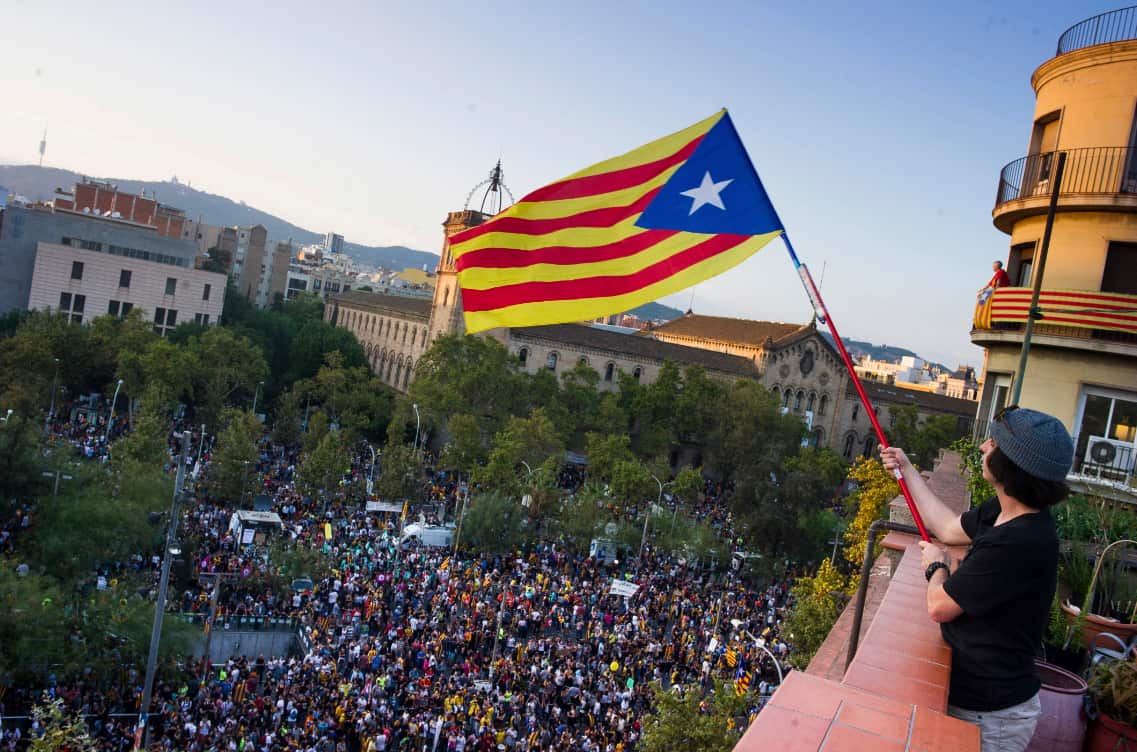 Thousands of people demonstrate at University square, in downtown Barcelona, October 3, 2017.