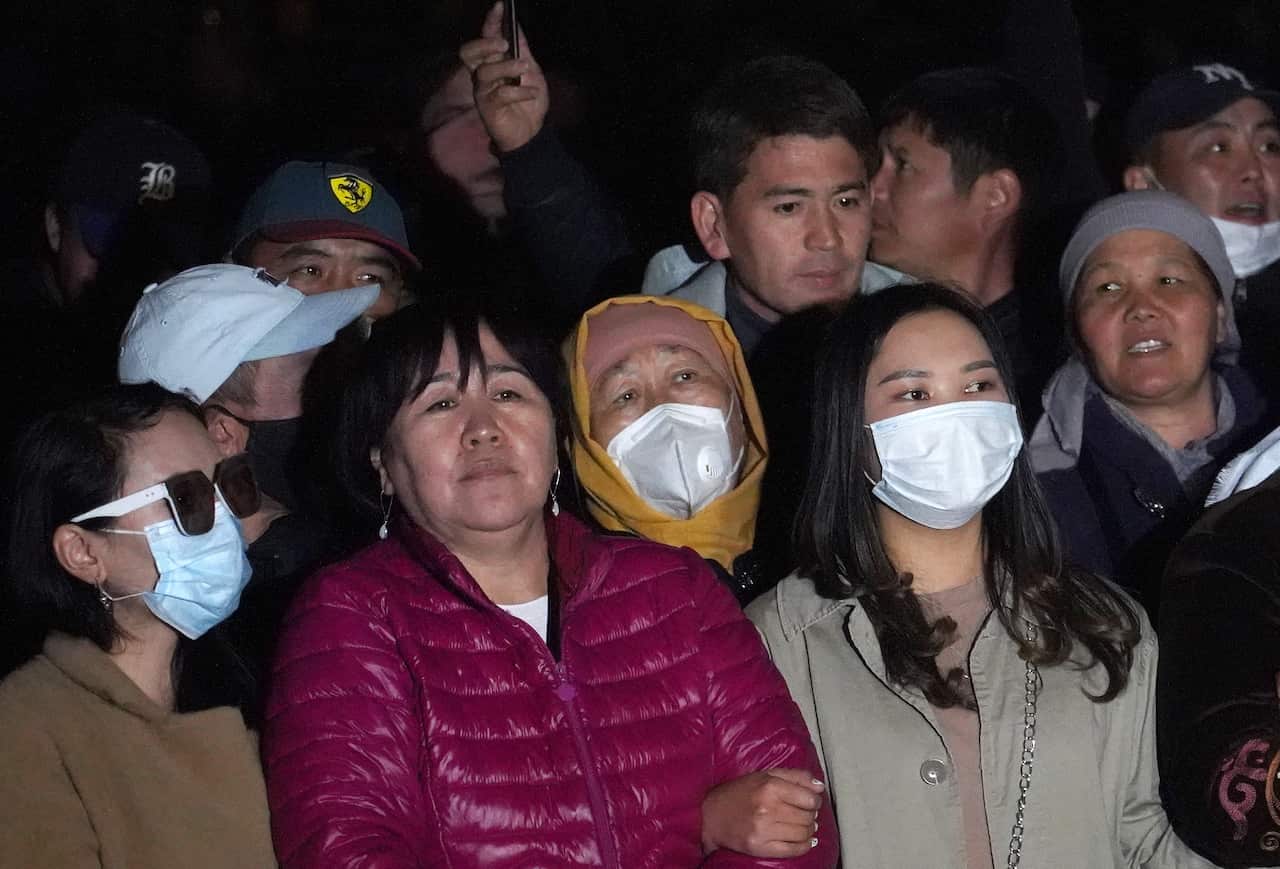 BISHKEK, KYRGYZSTAN - OCTOBER 15, 2020: Supporters of Kyrgyzstan's Prime Minister Sadyr Japarov hold a rally outside the Government House.
