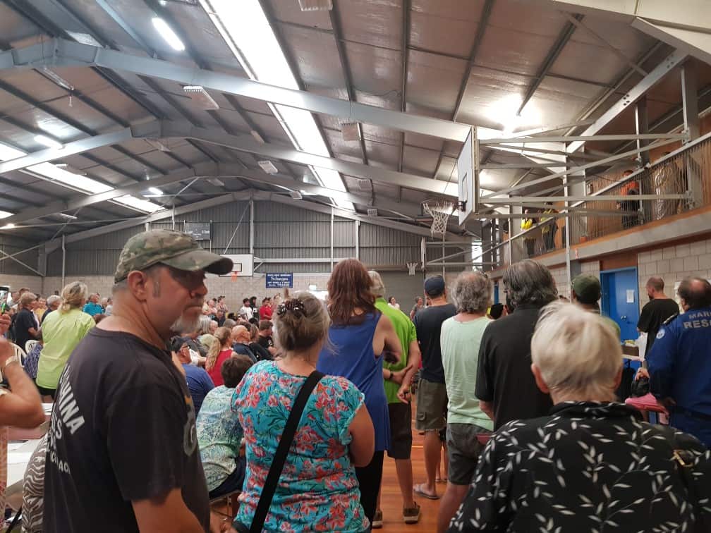 People crowded into a makeshift evacuation centre in Moruya