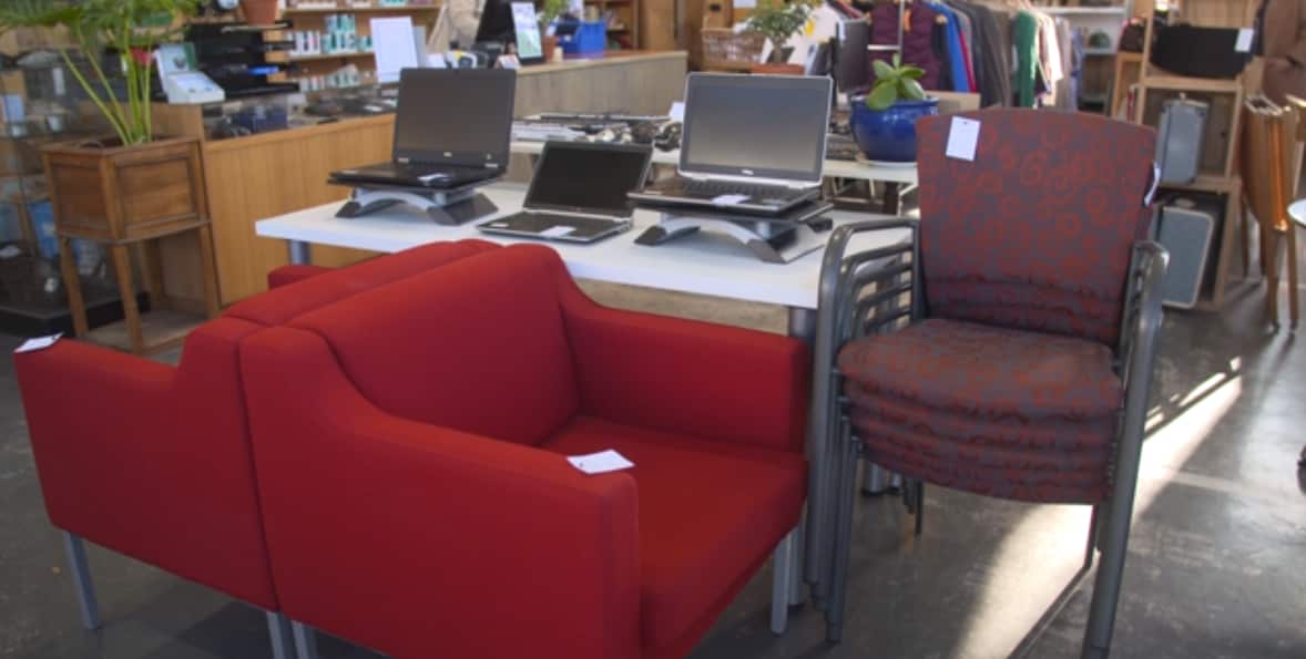 Chairs and other office items for sale, at Green Collect retail stores. 