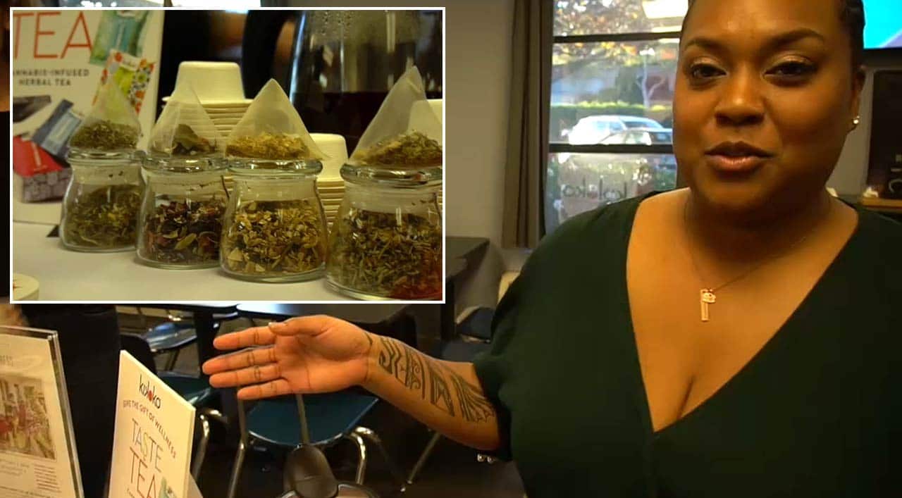 Chanel Durley spruiking her cannabis-infused herbal organic tea.