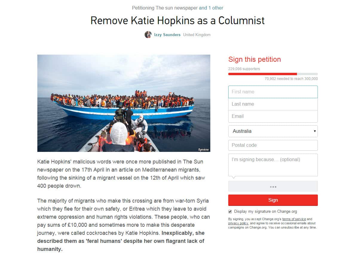 'Remove Katie Hopkins as a columnist' online petition