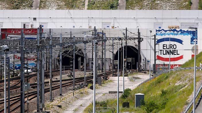 File picture of a general view of the Eurotunnel train tracks at the entrance of the Channel Tunnel .
