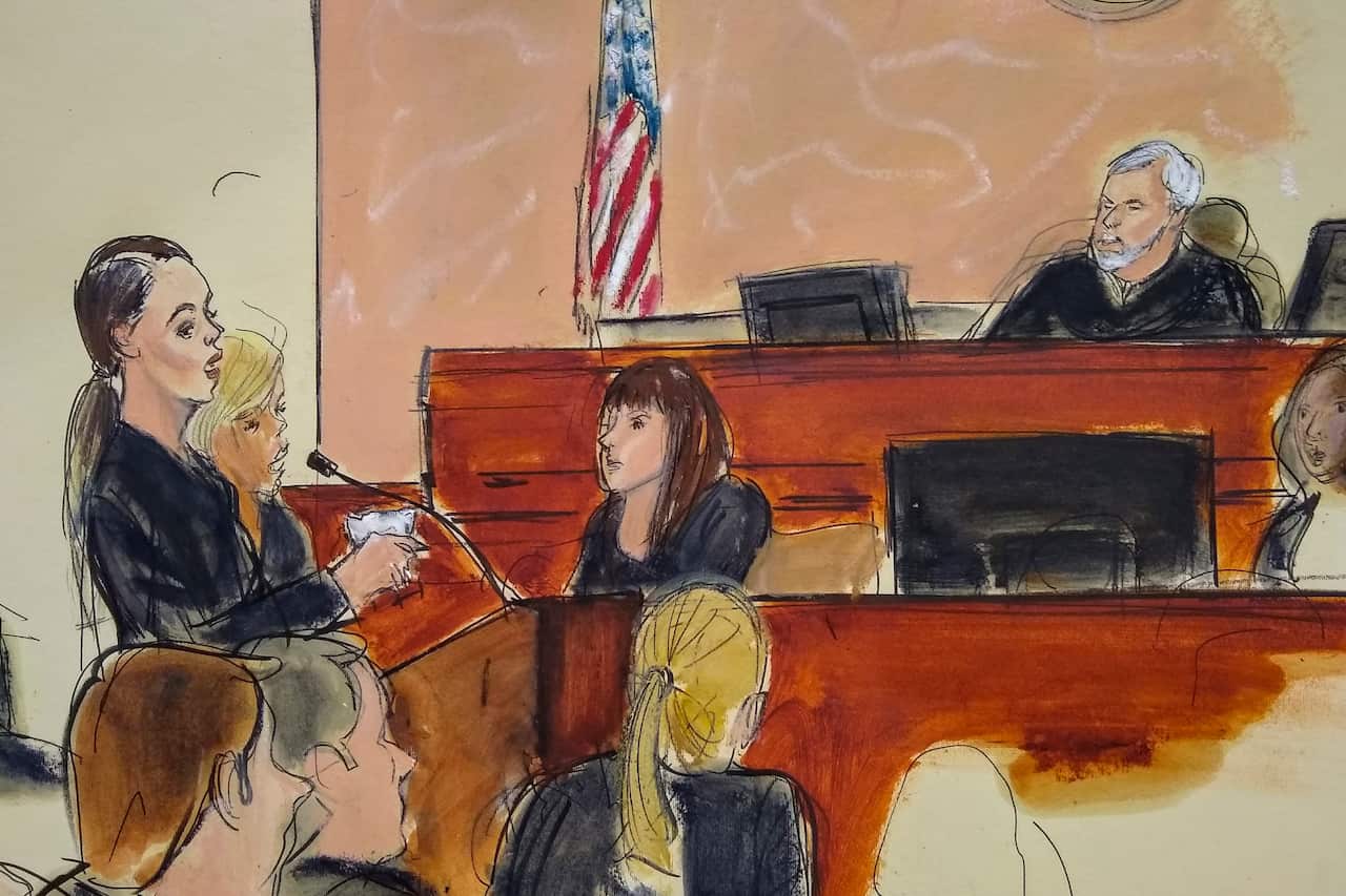 In this courtroom sketch, Andrea Velez Fernandez a victim of Mexican drug lord Joaquin "El Chapo" Guzman, speaks via an interpreter to Judge Brian Cogan.