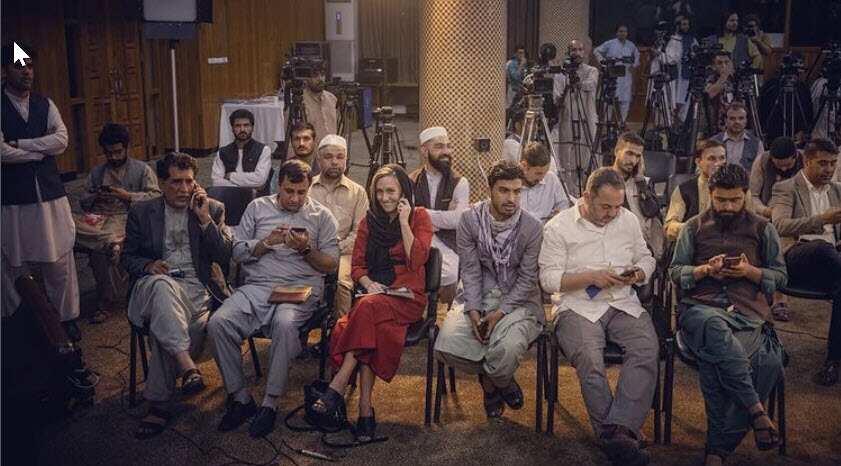 Charlotte Bellis at the Taliban's first press conference in Afghanistan in August 2021.