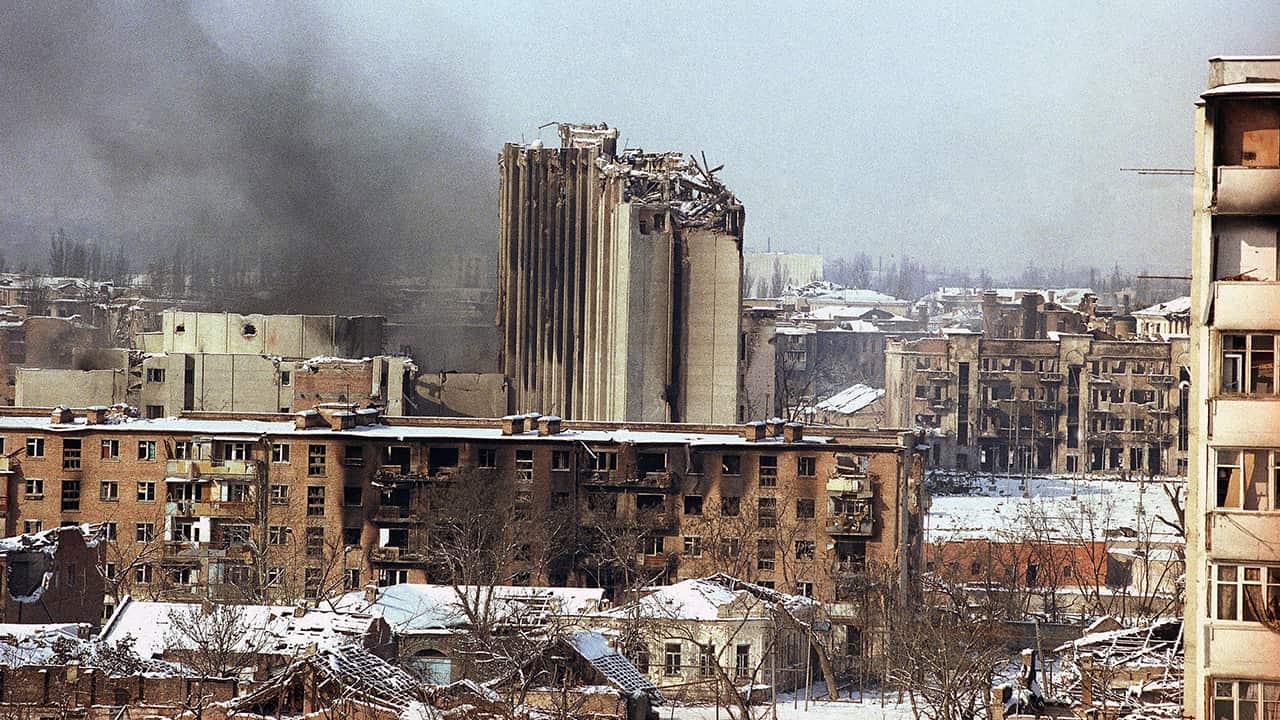 The smoking ruins of Chechnya's Presidential Palace in Grozny in January 1995.