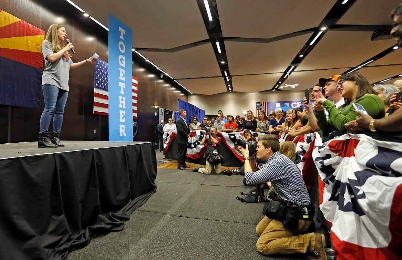 Campaigning for her mother, Chelsea Clinton talks to a crowd at Arizona State University (AAP)