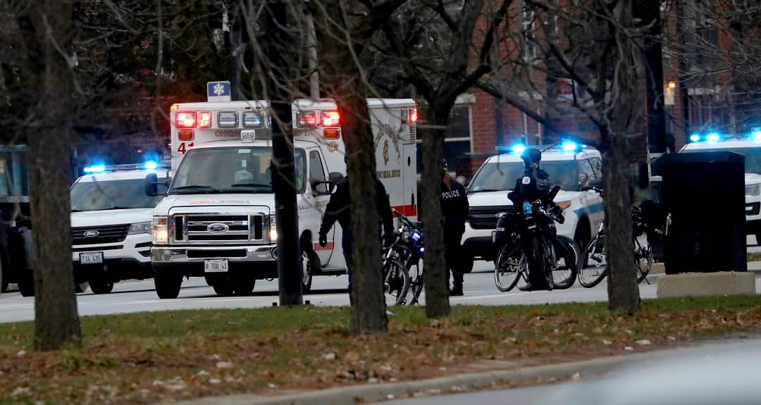 An ambulance believed to be carrying an injured Chicago police officer.