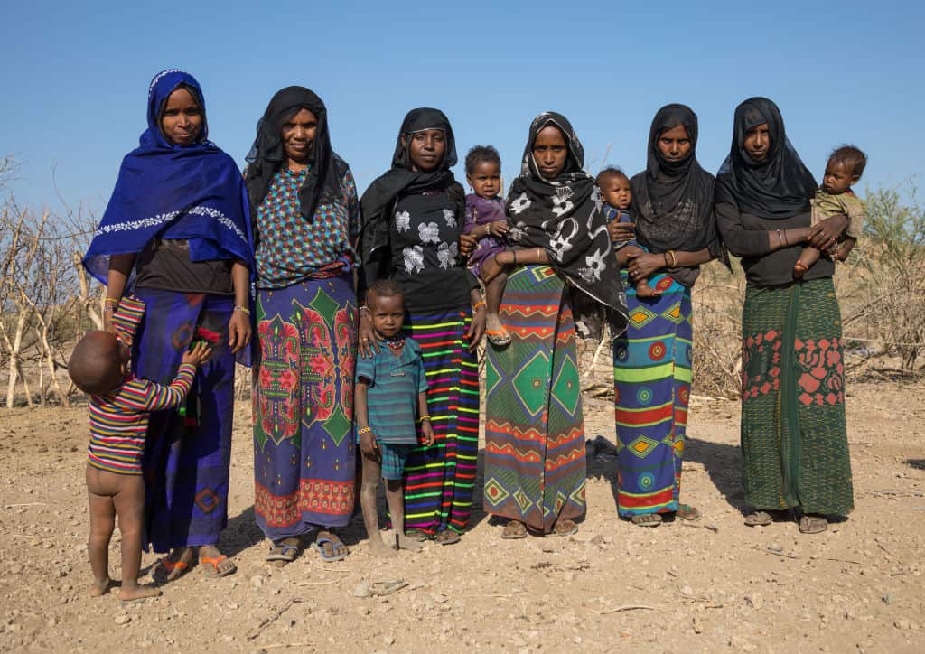 Portrait of Afar tribe women with their children on 21 January, 2017 in Chifra, Ethiopia.
