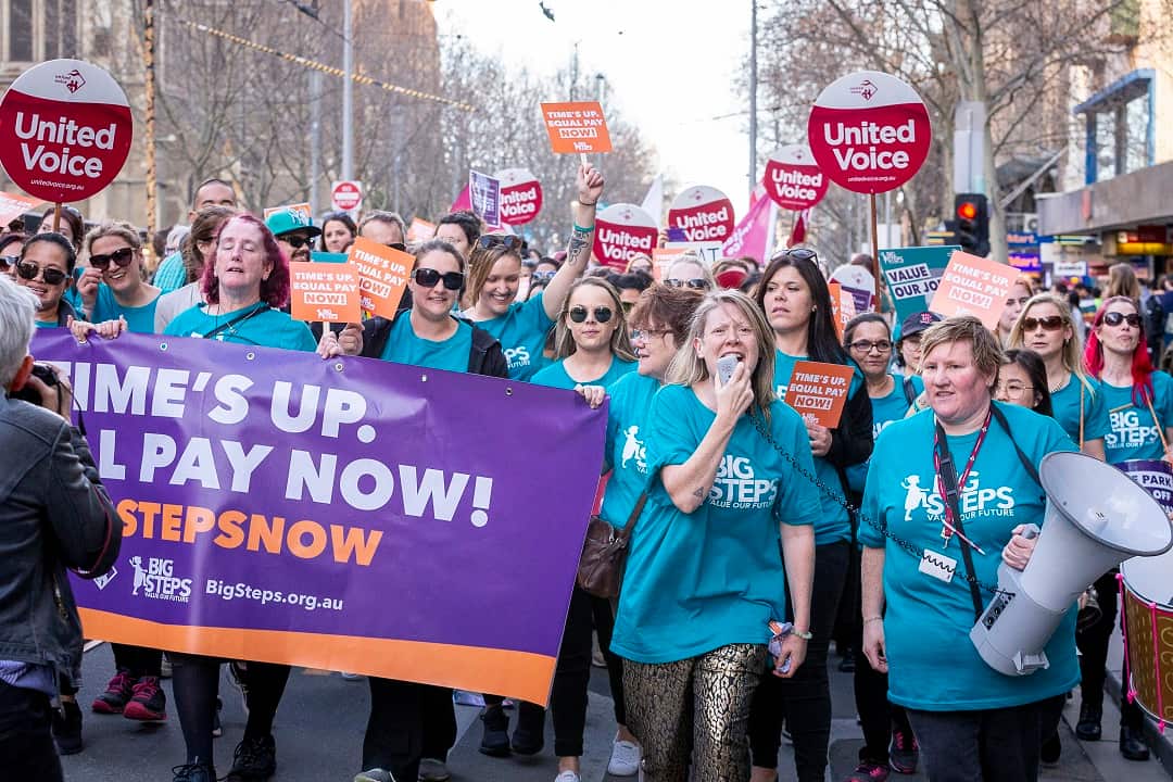 Childcare workers rally in Melbourne. 