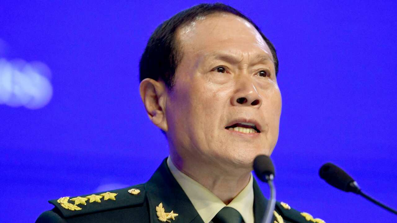 Chinese Defense Minister General Wei Fenghe makes a speech at the Asia Security Summit in Singapore.