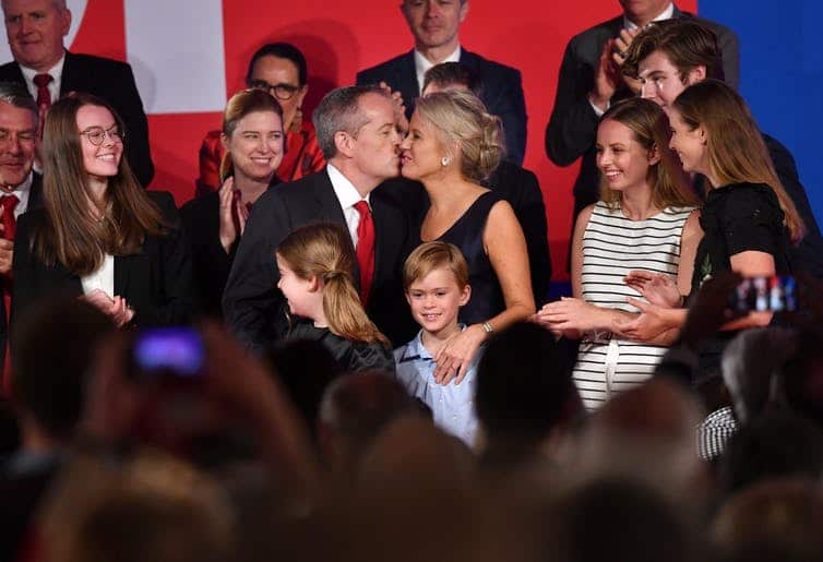 Shorten kisses his wife Chloe at Labor’s campaign launch. He says that nearly six years as opposition leader has taught him a lot about himself.