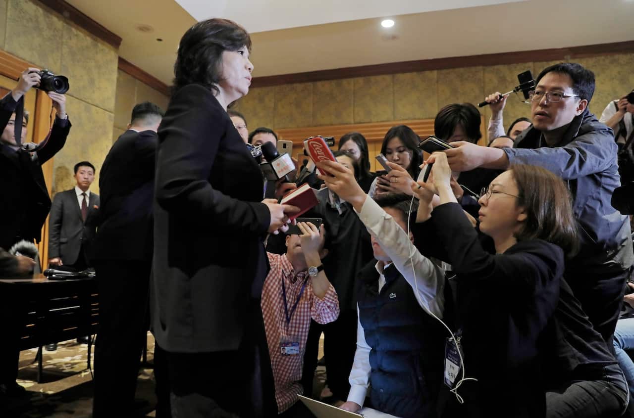 North Korea Deputy Foreign Minister Choe Son-hui talks during a press conference.
