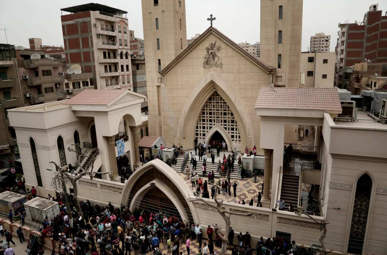 The exterior of St. George's Church as people gather (AAP)