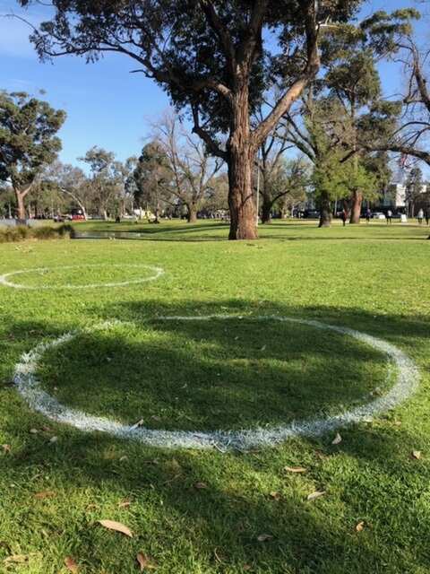 One of the City of Melbourne's physical distancing circles that aims to keep people safe in parks.