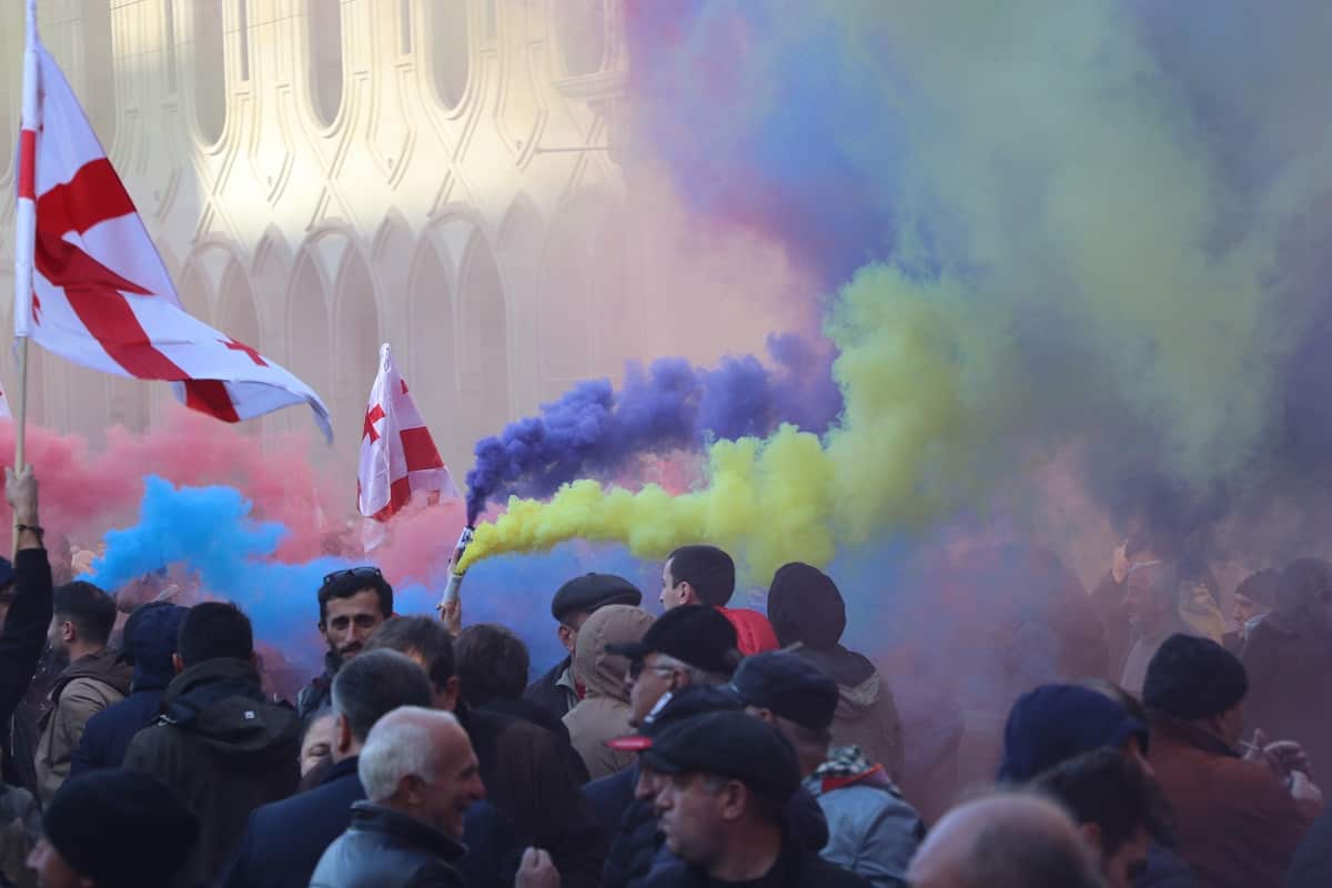 Thousands of people gather during a demonstration to protest against Georgian Dream party in Tbilisi, Georgia on November 17, 2019. 