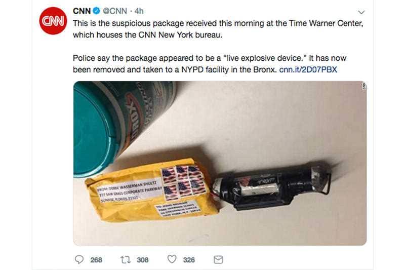 A screenshot from CNN's Twitter account shows what CNN says is the explosive device that was delivered to their New York headquarters.