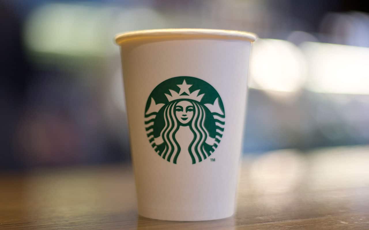 A coffee cup in a branch of Starbucks in London.