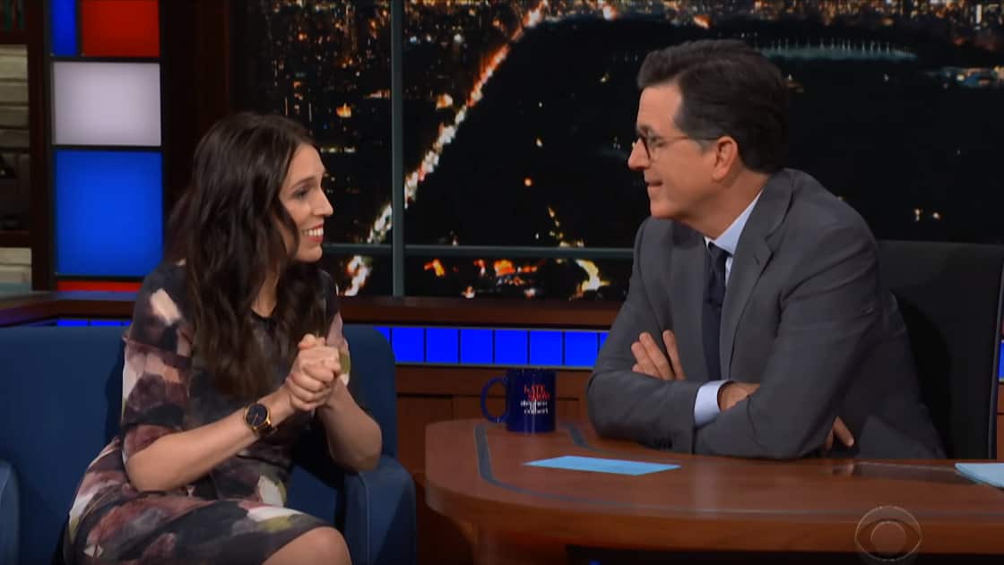 Jacinda Ardern says Stephen Colbert is welcome to visit New Zealand to officiate the process of becoming a citizen of Hobbiton.