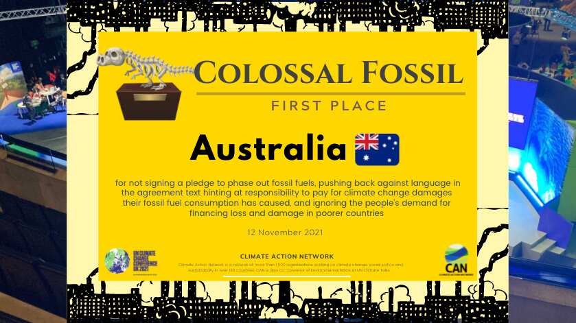 Australia has taken out the top dishonour at COP26 by being crowned the "colossal fossil".