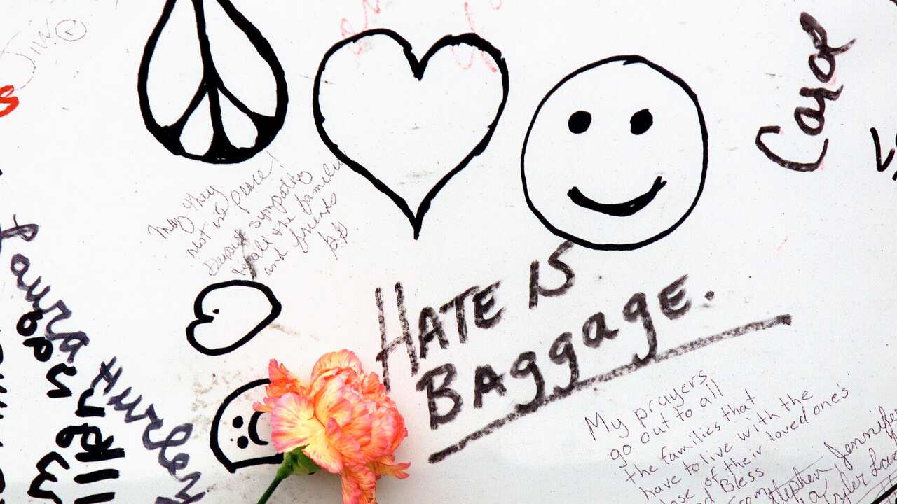 Detail of banners at the vigil in Denver's Civic Center Plaza.
