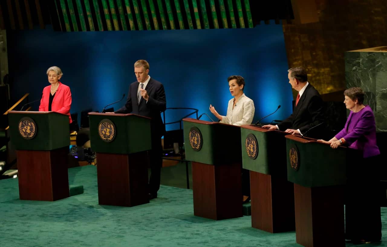 Candidates for the post of United Nations Secretary-General. Former NZ Prime Minister Helen Clark included (far right) (AAP)
