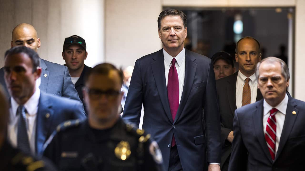 James Comey departs a closed committee meeting  on 08 June 2017.  