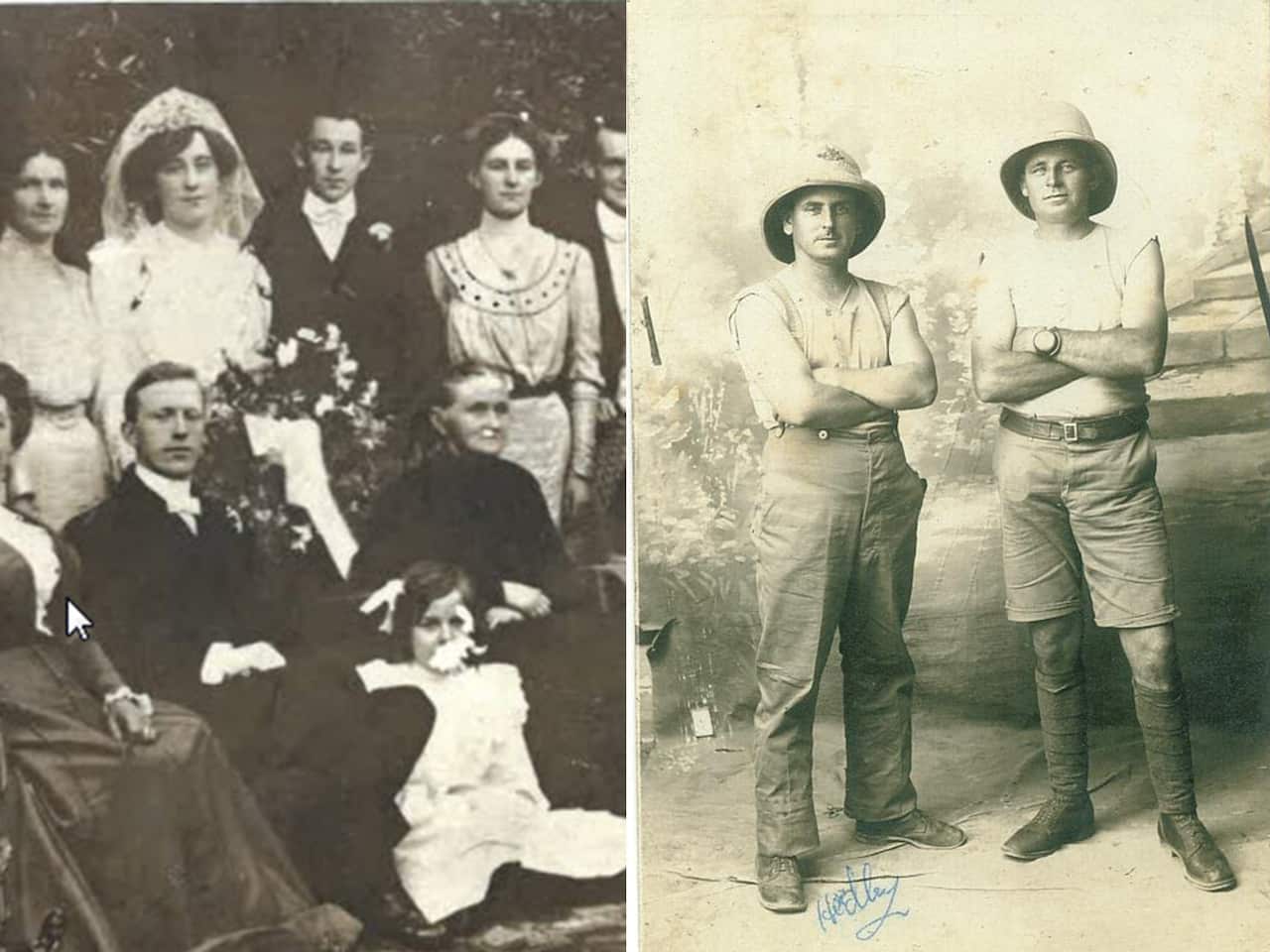 (Left next to bride; and right marked) Lance Corporal James Leonard Rolls and Private Hedley Roy.