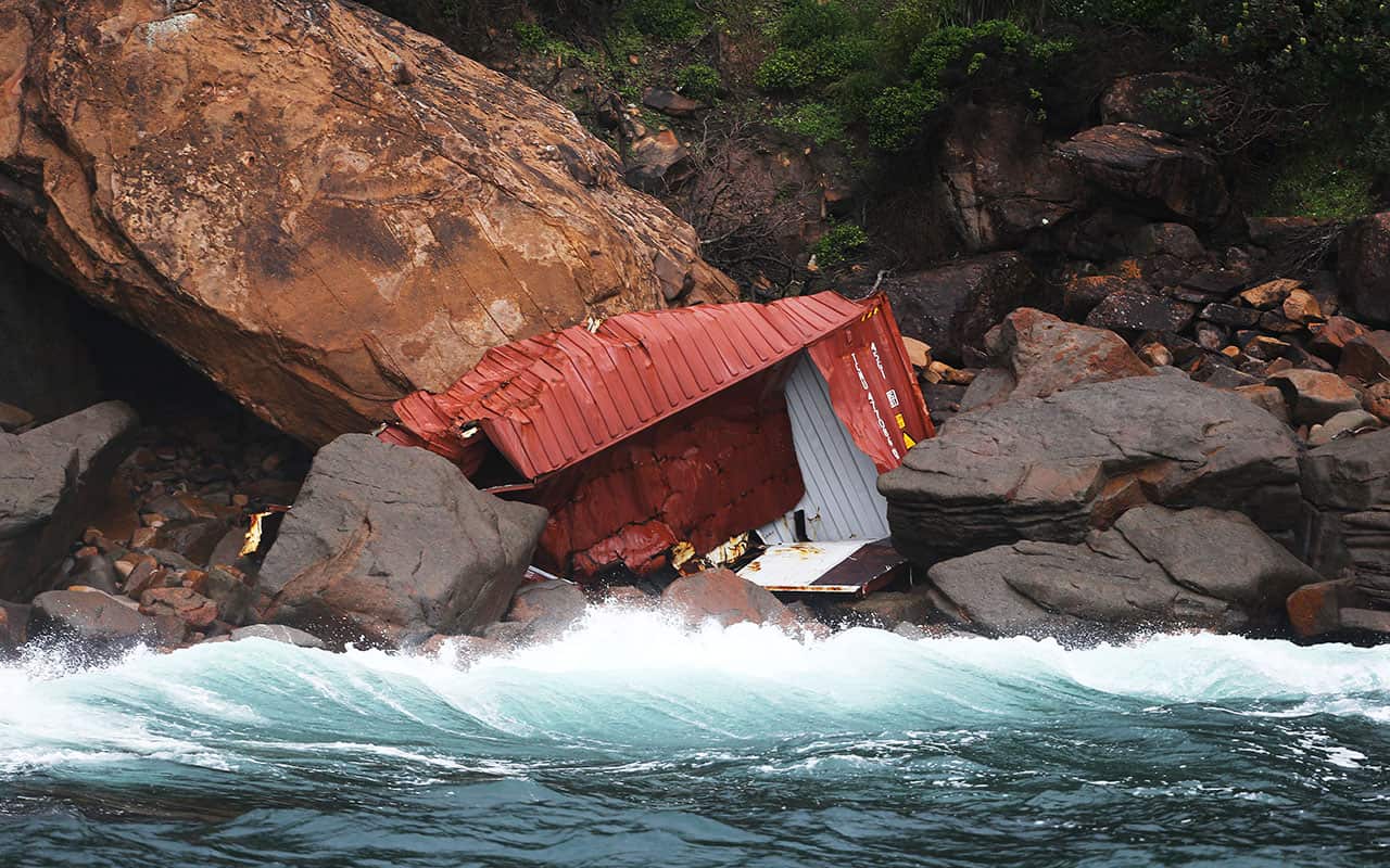 A container from the YM Efficiency washed up on Yacaaba Headland at the entrance to Port Stephens, Wednesday, June 6, 2018.