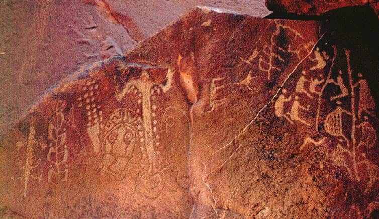 Ancient Aboriginal rock art found amongst thousands of drawings and carvings near the Burrup Peninsula in Western Australia.