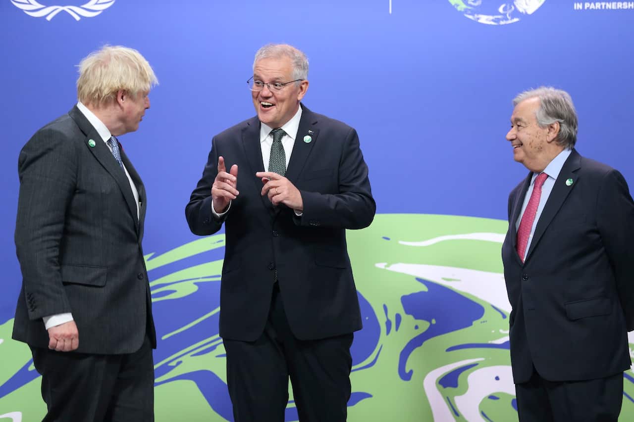 Australian Prime Minister Scott Morrison, British Prime Minister Boris Johnson and United Nations Secretary General Antonio Guterres at the COP26 summit.