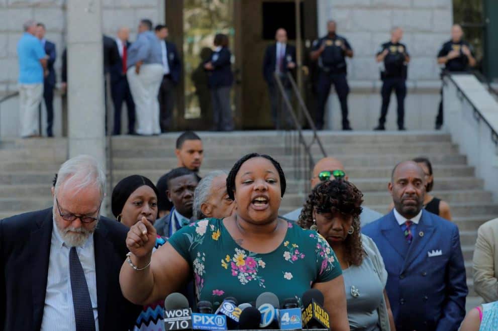 Emerald Garner speaks to the media after a meeting with Justice Department officials about their decision to not prosecute NYPD officer Daniel Pantaleo.