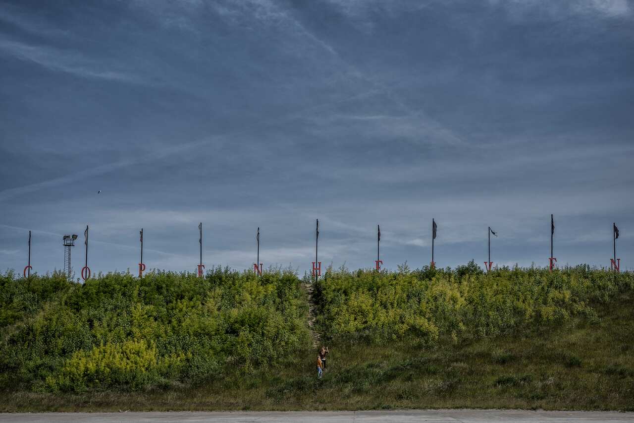 A sign for a site now nicknamed 'Copenheaven,' where a drive-in church meets, eastern Copenhagen, May 31, 2020. 