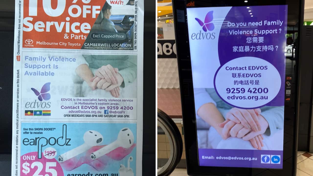 The 'shop-a-docket' campaign (left) and contact information in Melbourne supermarkets. 