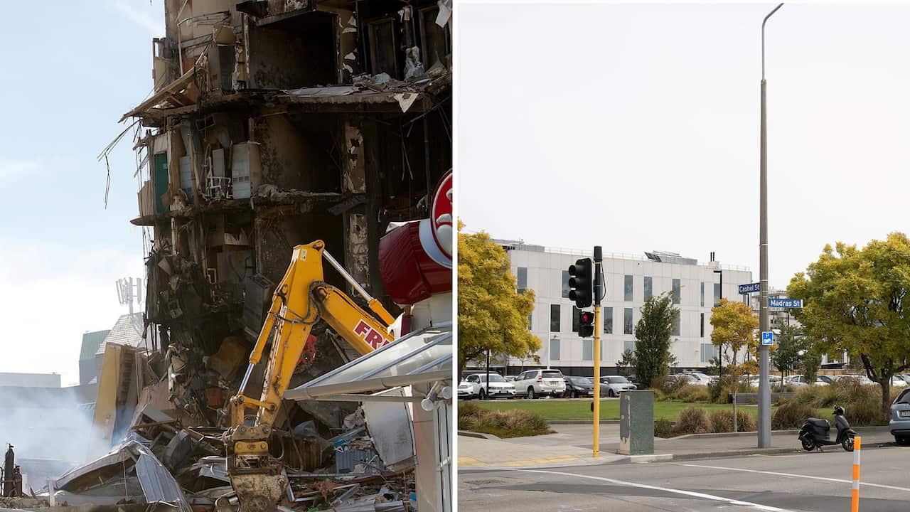 The ruins of the Canterbury TV building (left) and the same site (right) nearly 10 years later.