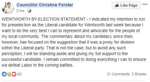 Ms Forster's Facebook post.