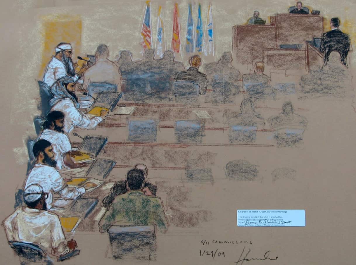 2009 court sketch of Khalid Sheik Mohammed, Walid bin Attash, Ramzi bin al Shibh, Ali Abdul Aziz Ali, also known as Ammar al Baluchi, and Mustafa al Hawsawi 