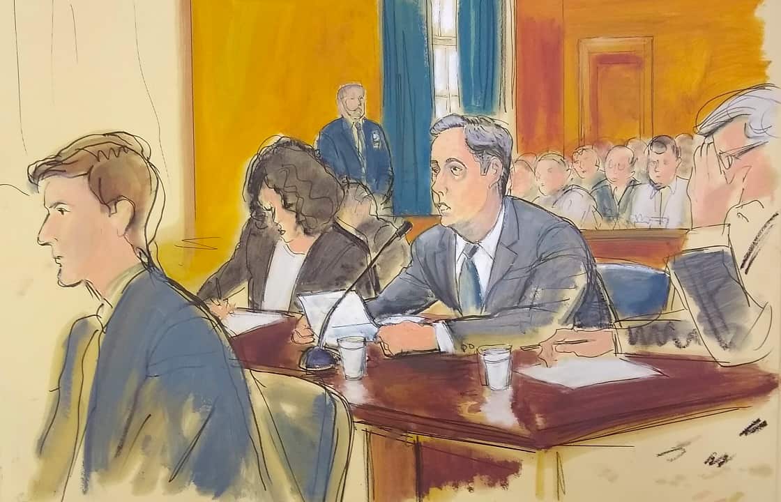 A courtroom sketch of Michael Cohen, centre, reading his statement in the federal court in New York.
