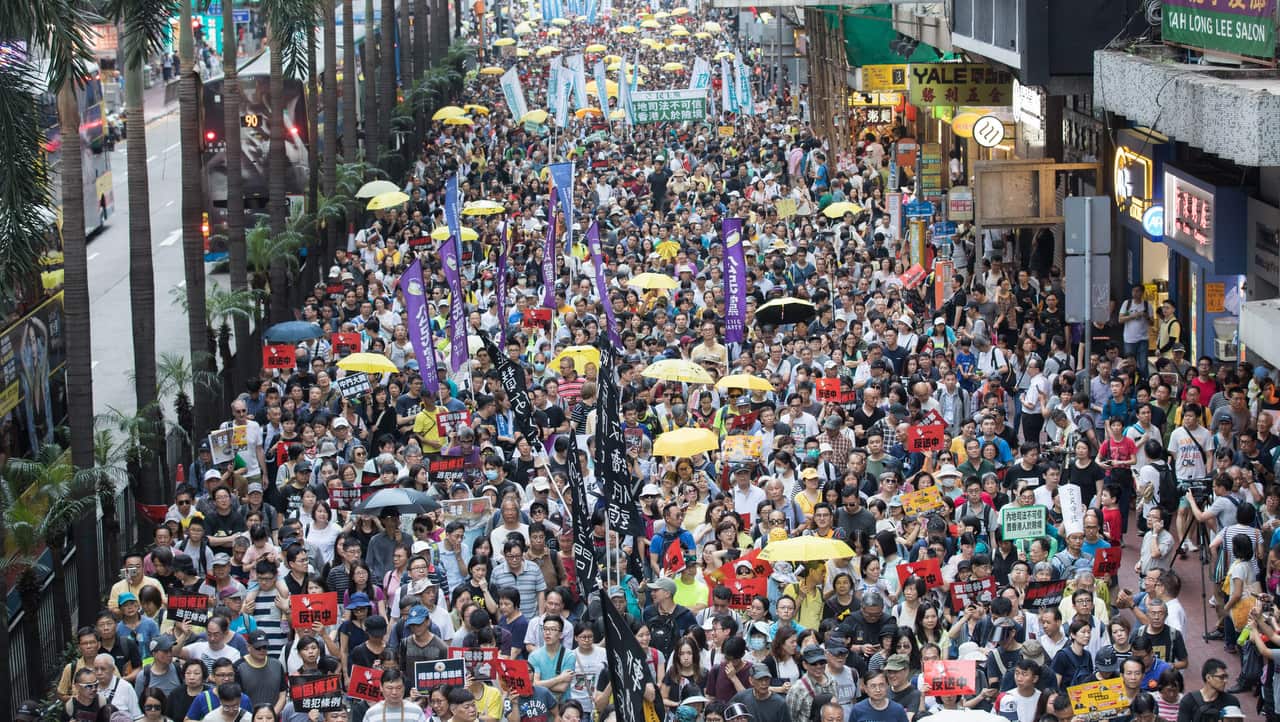 Pro-democracy activists protest against the extradition law in Hong Kong, 28 April 2019.