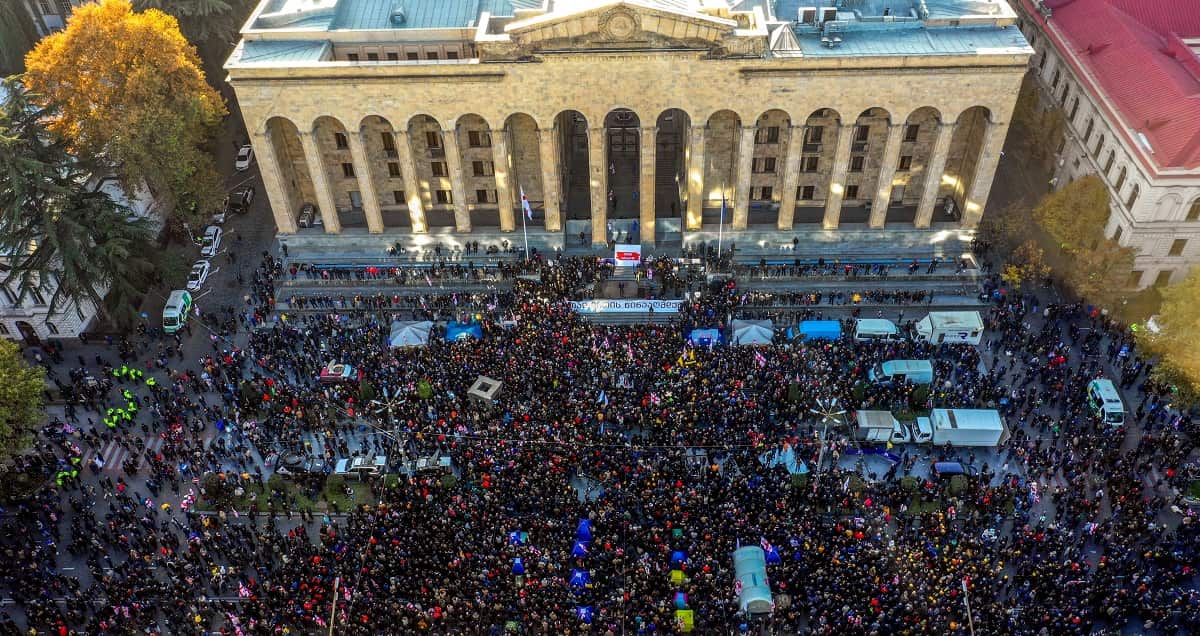 This picture taken on November 17, 2019 shows an aerial view of a crowd of Georgian opposition supporters gathered outside the parliament of Georgia.