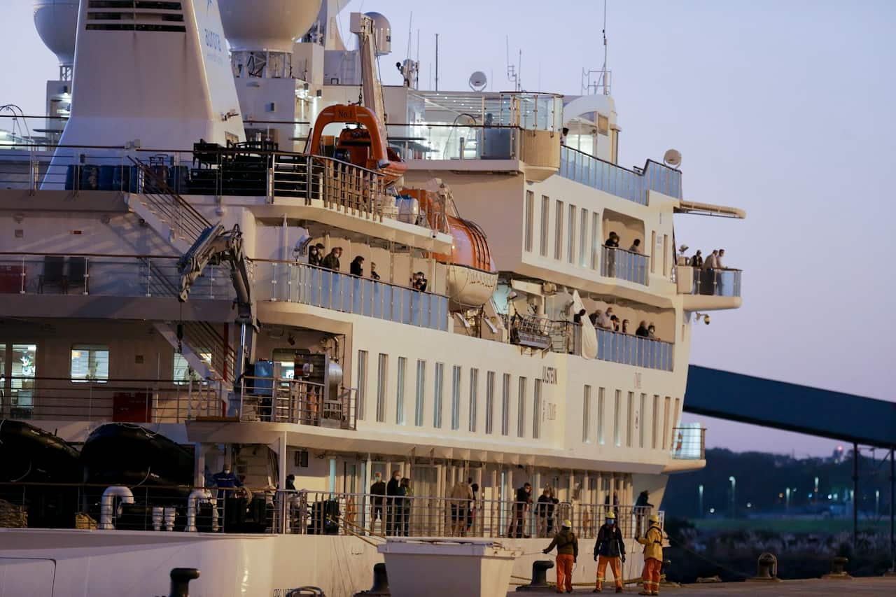 The  Australian cruise ship Greg Mortimer, docks in Montevideo, Uruguay.