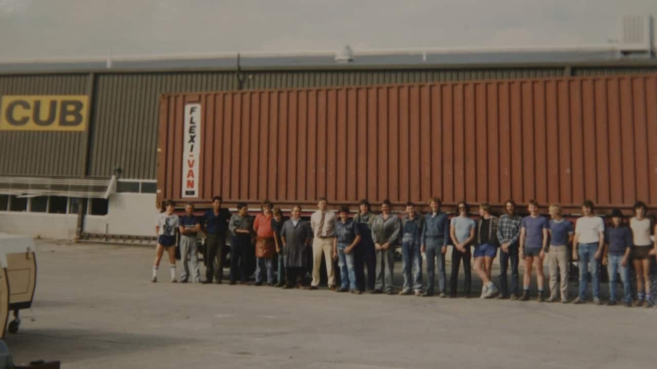Staff outside the Cub Campers factory in 1980