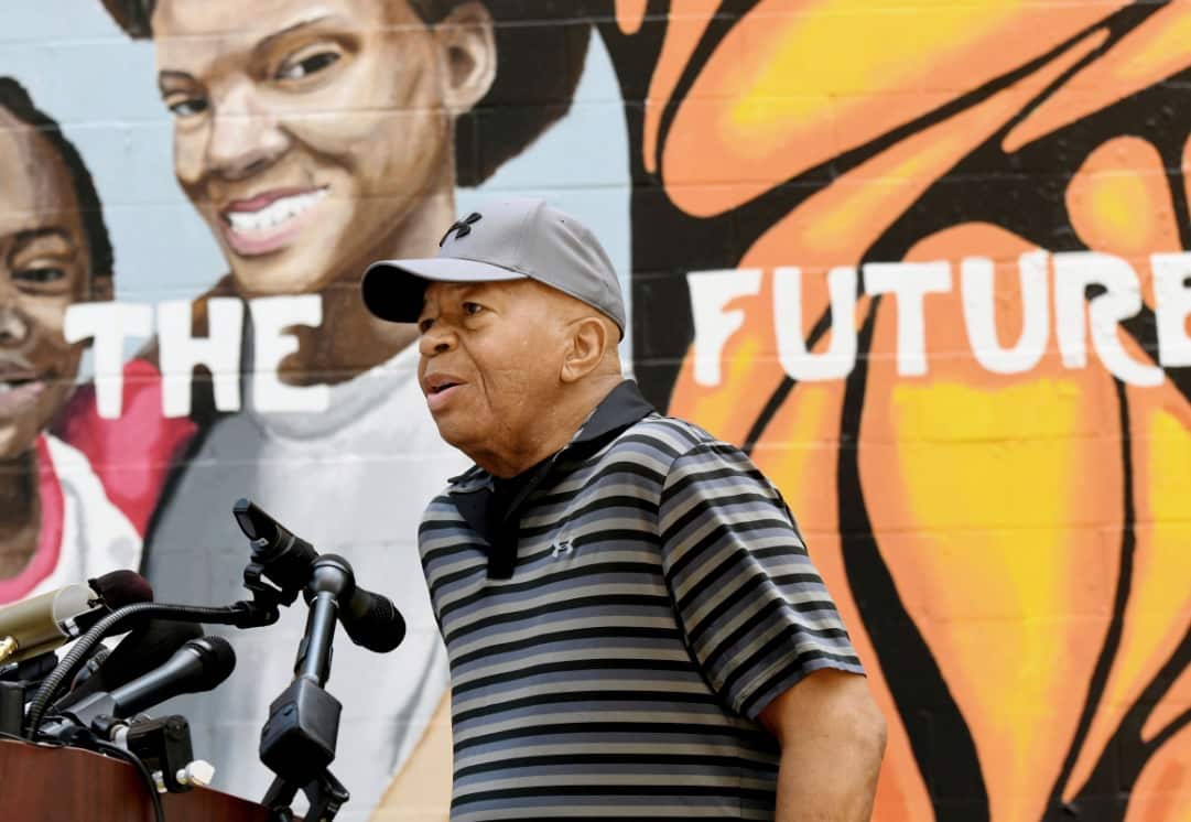 Congressman Elijah Cummings speaks at the grand opening of the McCullough Street Nature Play Space in West Baltimore on Saturday, Aug. 3, 2019. 