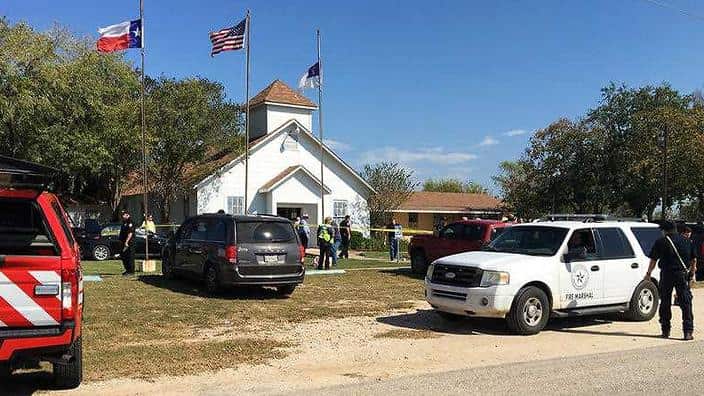 Emergency personnel respond to a fatal shooting at a Baptist church in Sutherland Springs, Texas, Sunday, Nov. 5, 2017.